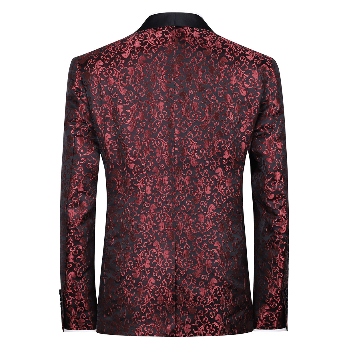 Red # Men's floral jacquard dress suit jacket with black shawl collar and single-breasted closure, red printed tux blazer with center vent, exquisite floral pattern, 3D tailored fit and full shoulder design, versatile formal coat for party, prom, wedding, banquet and celebration, isolated on white background.