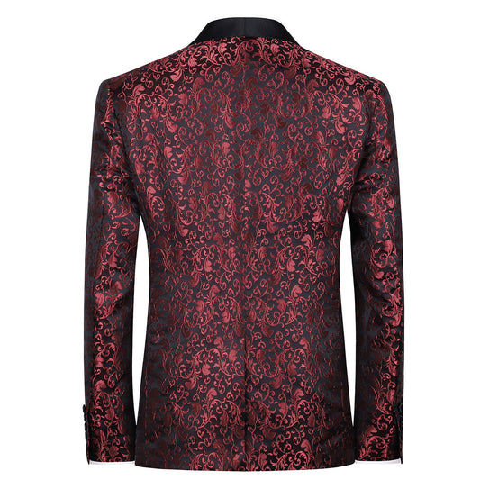 Red # Men's floral jacquard dress suit jacket with black shawl collar and single-breasted closure, red printed tux blazer with center vent, exquisite floral pattern, 3D tailored fit and full shoulder design, versatile formal coat for party, prom, wedding, banquet and celebration, isolated on white background.