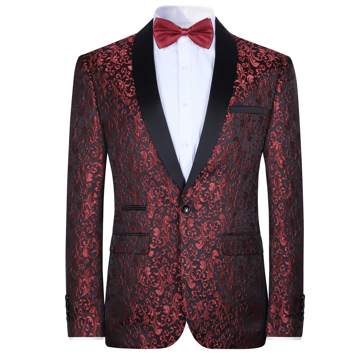 Red # Men's floral jacquard dress suit jacket with black shawl collar and single-breasted closure, red printed tux blazer with center vent, exquisite floral pattern, 3D tailored fit and full shoulder design, versatile formal coat for party, prom, wedding, banquet and celebration, isolated on white background.