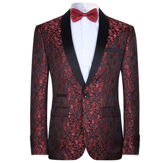 Red # Men's floral jacquard dress suit jacket with black shawl collar and single-breasted closure, red printed tux blazer with center vent, exquisite floral pattern, 3D tailored fit and full shoulder design, versatile formal coat for party, prom, wedding, banquet and celebration, isolated on white background.