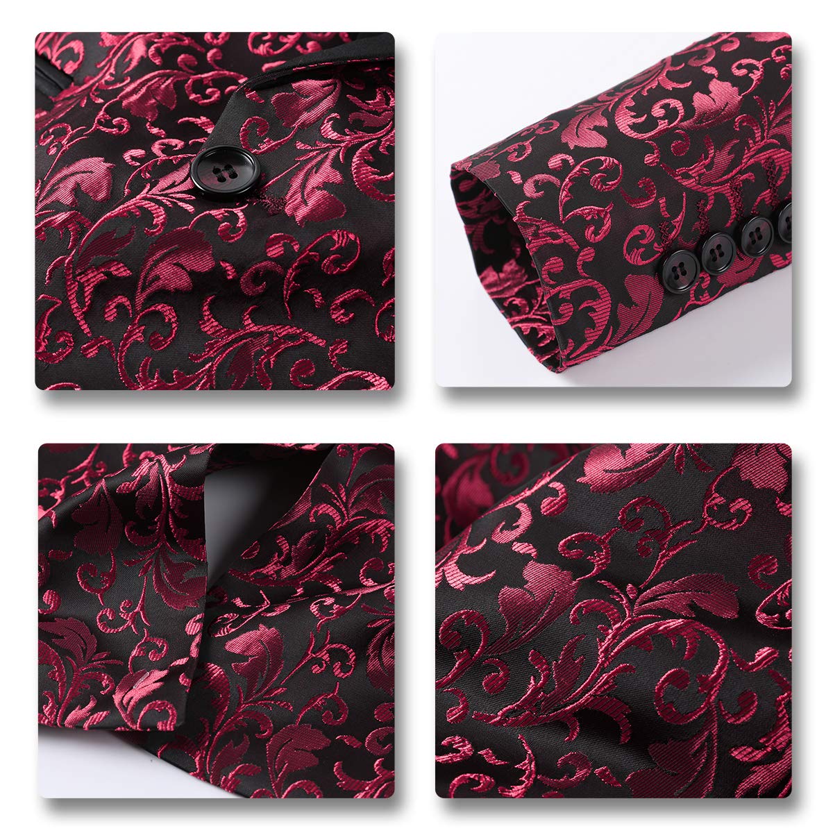 Red # Men's floral jacquard dress suit jacket with black shawl collar and single-breasted closure, red printed tux blazer with center vent, exquisite floral pattern, 3D tailored fit and full shoulder design, versatile formal coat for party, prom, wedding, banquet and celebration, isolated on white background.