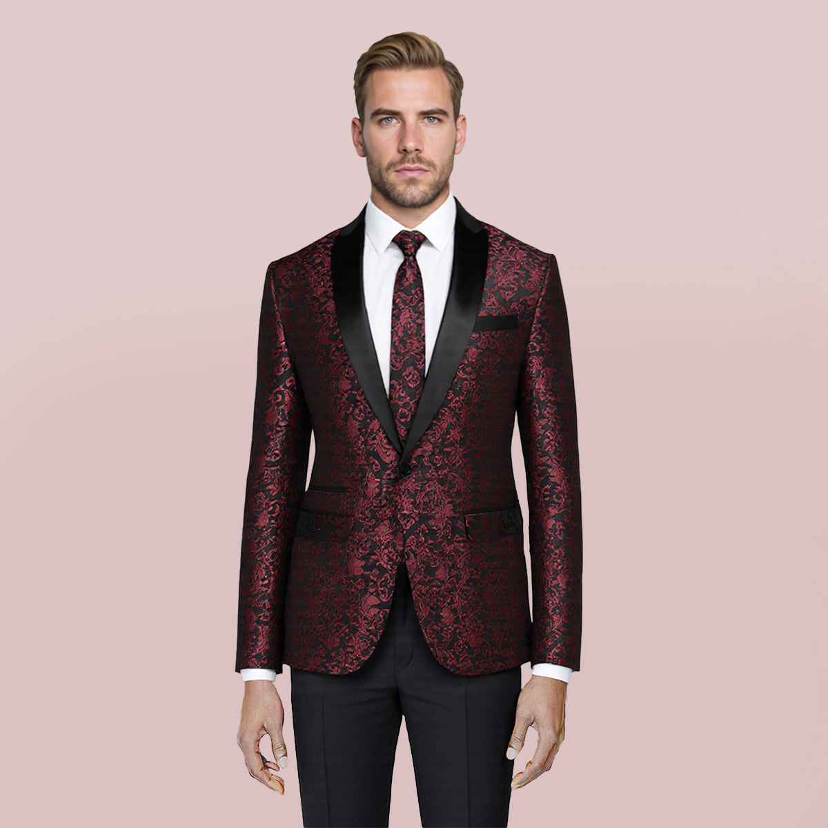 Red # Men's floral jacquard dress suit jacket with black shawl collar and single-breasted closure, red printed tux blazer with center vent, exquisite floral pattern, 3D tailored fit and full shoulder design, versatile formal coat for party, prom, wedding, banquet and celebration, isolated on white background.