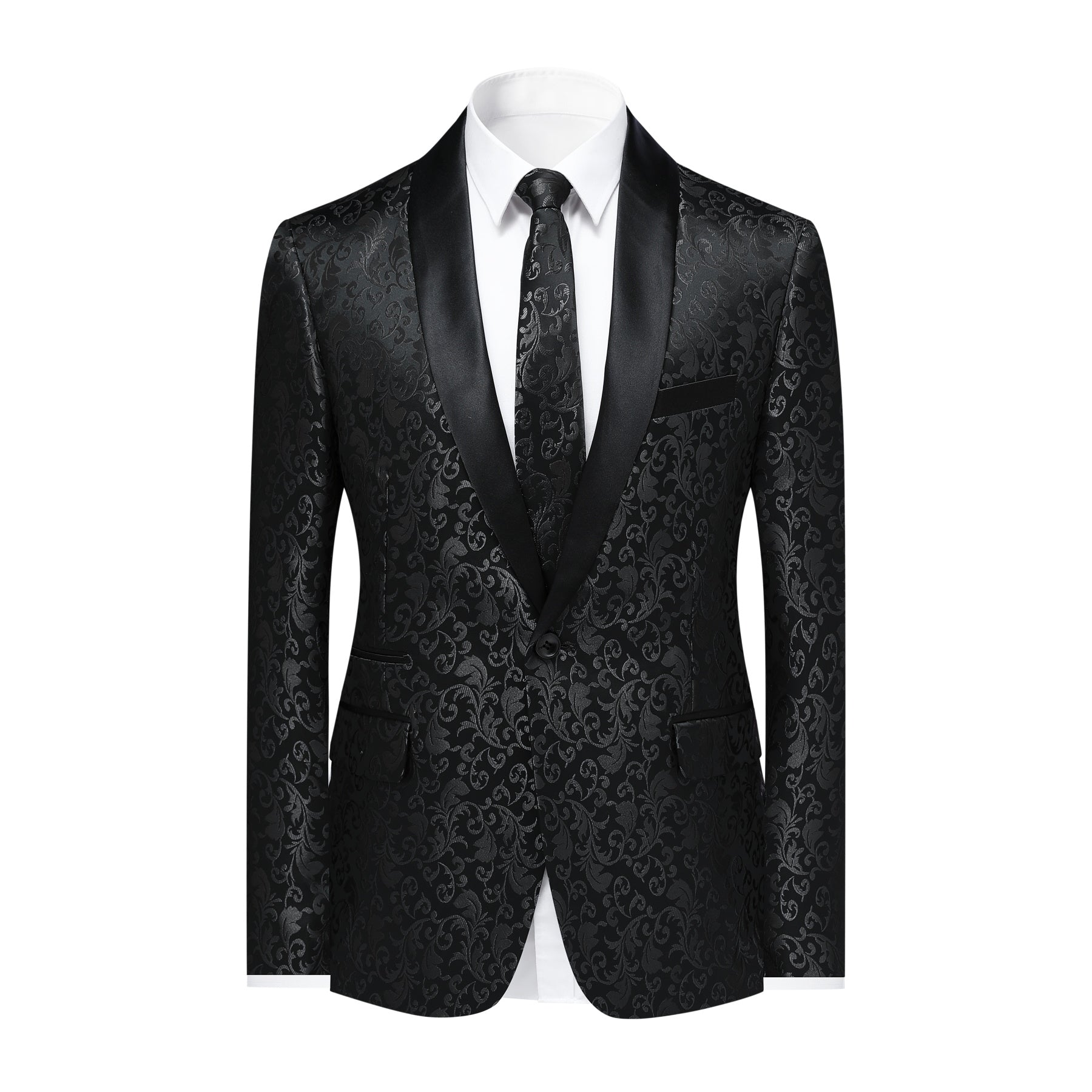 Black # Men's floral jacquard dress suit jacket with shawl collar and single-breasted closure, black printed tux blazer with center vent, exquisite floral pattern, 3D tailored fit and full shoulder design, versatile formal coat for party, prom, wedding, banquet and celebration, isolated on white background.