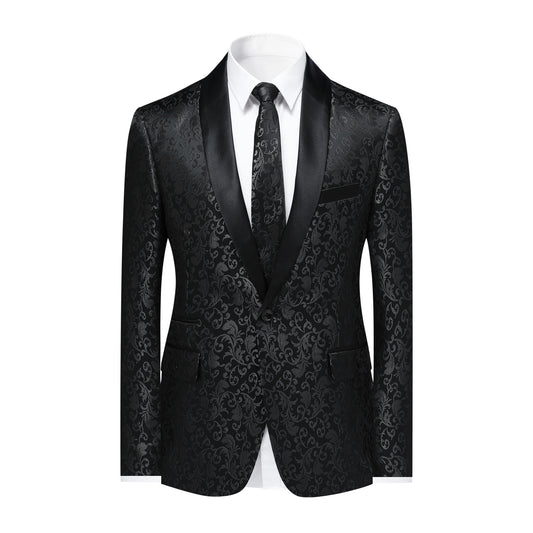 Black # Men's floral jacquard dress suit jacket with shawl collar and single-breasted closure, black printed tux blazer with center vent, exquisite floral pattern, 3D tailored fit and full shoulder design, versatile formal coat for party, prom, wedding, banquet and celebration, isolated on white background.