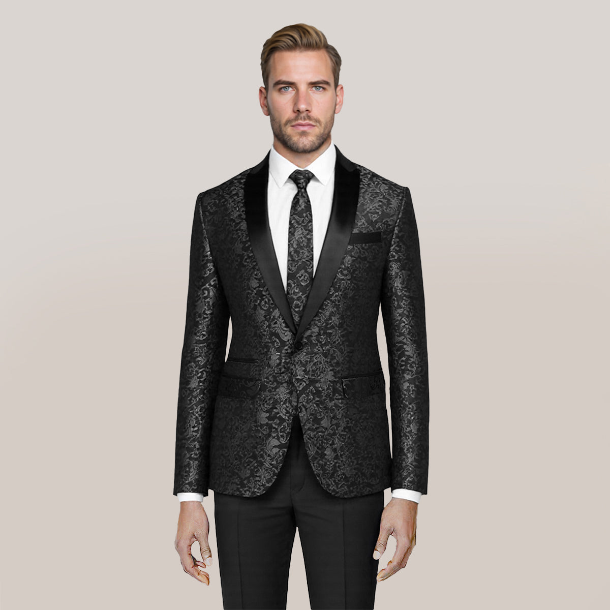 Black # Men's floral jacquard dress suit jacket with shawl collar and single-breasted closure, black printed tux blazer with center vent, exquisite floral pattern, 3D tailored fit and full shoulder design, versatile formal coat for party, prom, wedding, banquet and celebration, isolated on white background.