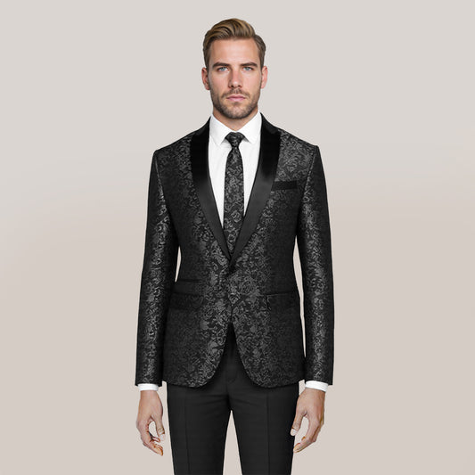 Black # Men's floral jacquard dress suit jacket with shawl collar and single-breasted closure, black printed tux blazer with center vent, exquisite floral pattern, 3D tailored fit and full shoulder design, versatile formal coat for party, prom, wedding, banquet and celebration, isolated on white background.