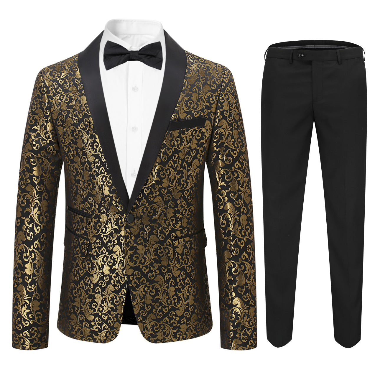 Gold # Men's slim fit paisley print suit, 2-piece gold blazer jacket with matching trousers, satin peaked lapel single-breasted design with center vent and fully lined interior, formal wear for wedding, party, prom, gala and stage performance, isolated on white background.