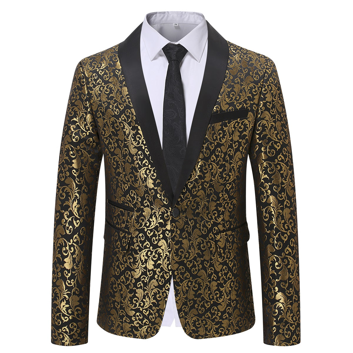 Gold # Men's slim fit paisley print suit, 2-piece gold blazer jacket with matching trousers, satin peaked lapel single-breasted design with center vent and fully lined interior, formal wear for wedding, party, prom, gala and stage performance, isolated on white background.
