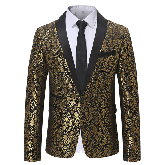Gold # Men's slim fit paisley print suit, 2-piece gold blazer jacket with matching trousers, satin peaked lapel single-breasted design with center vent and fully lined interior, formal wear for wedding, party, prom, gala and stage performance, isolated on white background.