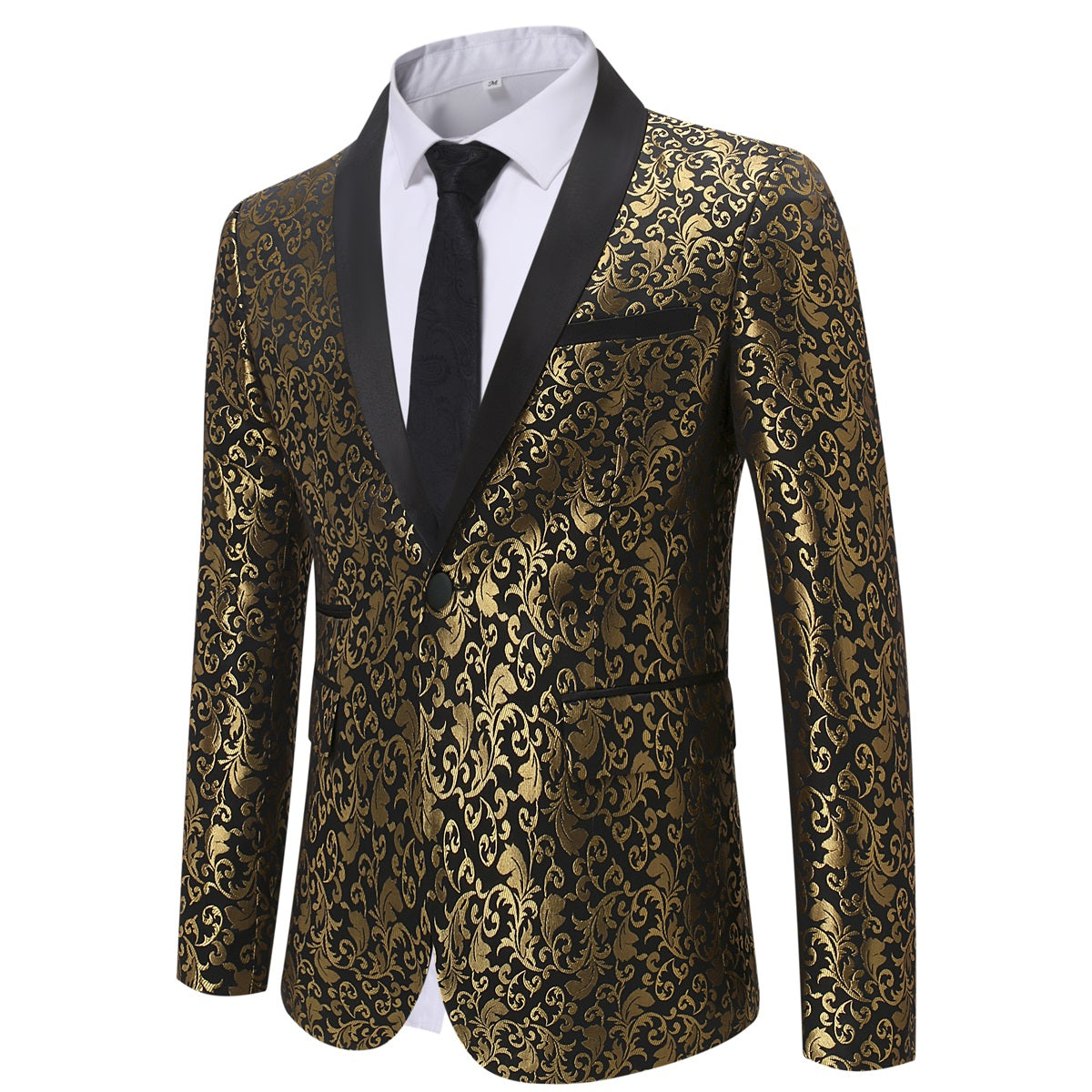 Gold # Men's slim fit paisley print suit, 2-piece gold blazer jacket with matching trousers, satin peaked lapel single-breasted design with center vent and fully lined interior, formal wear for wedding, party, prom, gala and stage performance, isolated on white background.