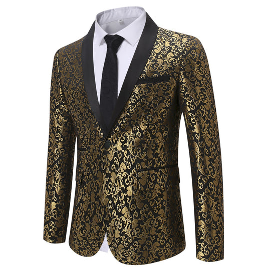 Gold # Men's slim fit paisley print suit, 2-piece gold blazer jacket with matching trousers, satin peaked lapel single-breasted design with center vent and fully lined interior, formal wear for wedding, party, prom, gala and stage performance, isolated on white background.