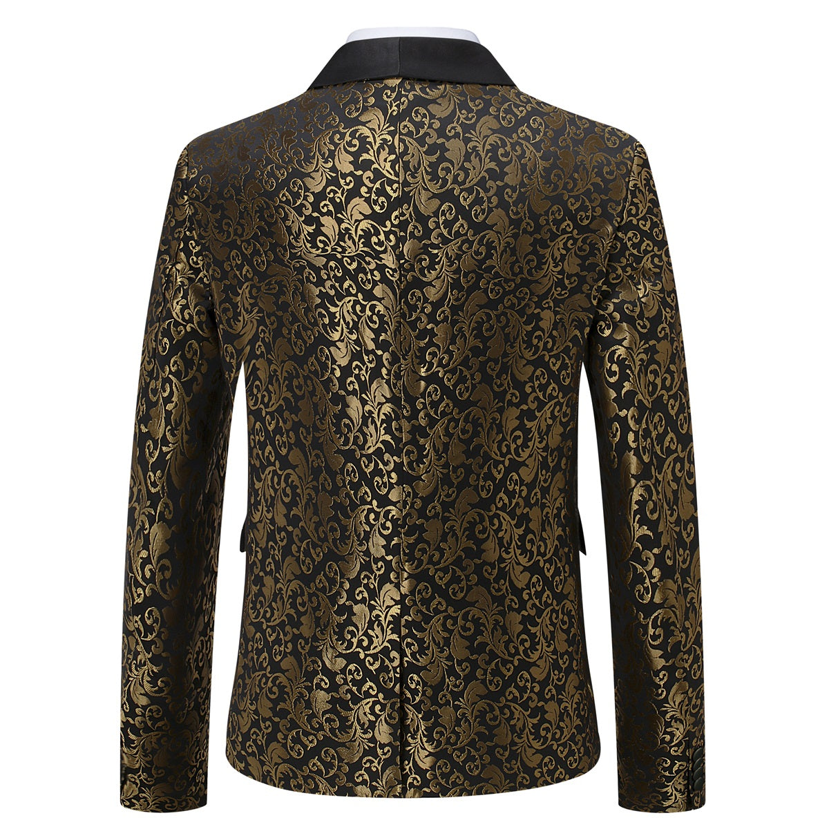 Gold # Men's slim fit paisley print suit, 2-piece gold blazer jacket with matching trousers, satin peaked lapel single-breasted design with center vent and fully lined interior, formal wear for wedding, party, prom, gala and stage performance, isolated on white background.