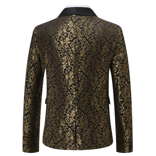 Gold # Men's slim fit paisley print suit, 2-piece gold blazer jacket with matching trousers, satin peaked lapel single-breasted design with center vent and fully lined interior, formal wear for wedding, party, prom, gala and stage performance, isolated on white background.