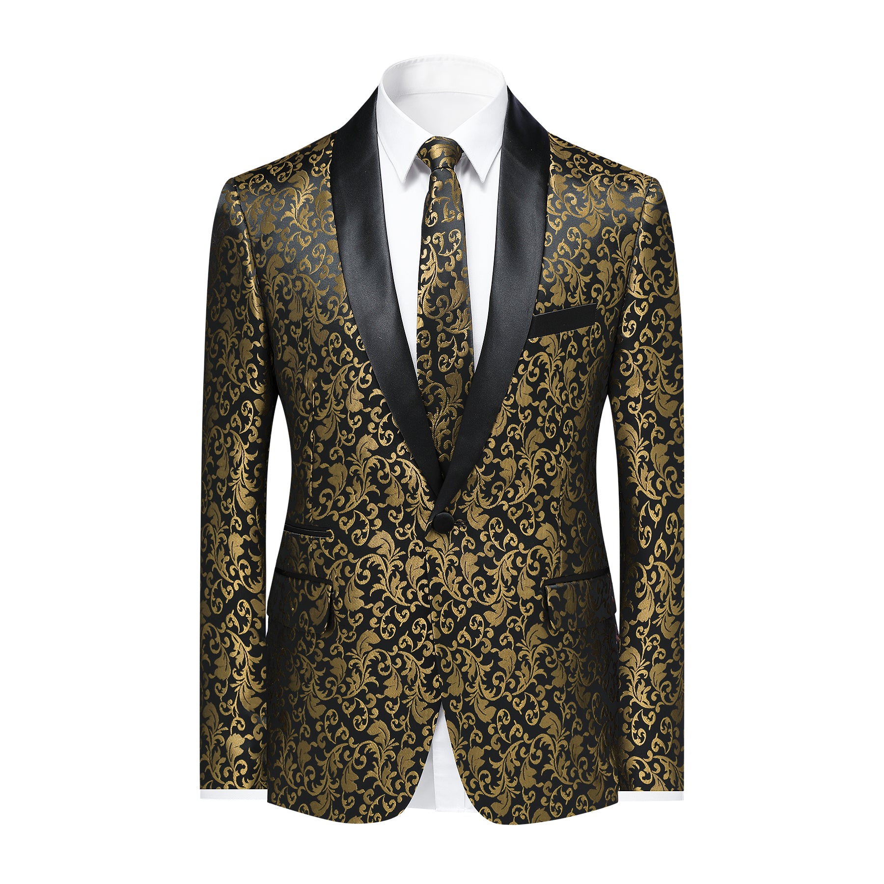 Gold # Men's slim fit paisley print suit, 2-piece gold blazer jacket with matching trousers, satin peaked lapel single-breasted design with center vent and fully lined interior, formal wear for wedding, party, prom, gala and stage performance, isolated on white background.