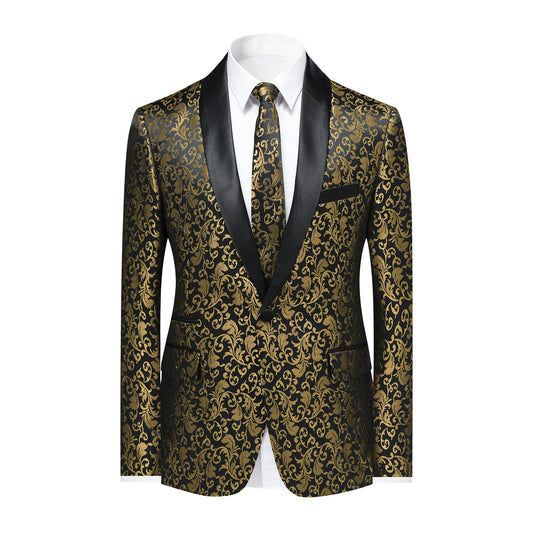 Gold # Men's slim fit paisley print suit, 2-piece gold blazer jacket with matching trousers, satin peaked lapel single-breasted design with center vent and fully lined interior, formal wear for wedding, party, prom, gala and stage performance, isolated on white background.