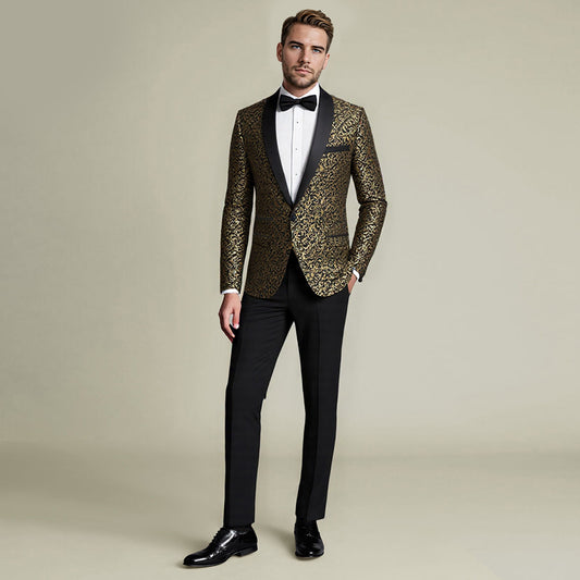 Gold # Men's slim fit paisley print suit, 2-piece gold blazer jacket with matching trousers, satin peaked lapel single-breasted design with center vent and fully lined interior, formal wear for wedding, party, prom, gala and stage performance, isolated on white background.