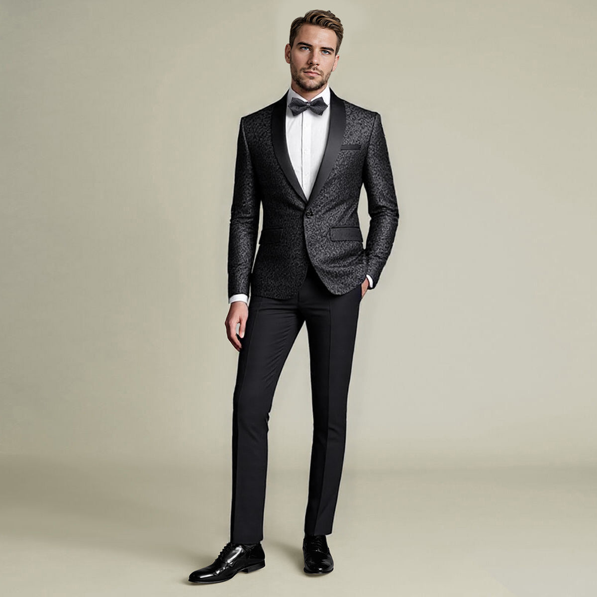 Black # Men's slim fit 2-piece paisley print suit with satin peaked lapel and center vent, black formal blazer jacket with single-breasted button closure and fully lined interior, matching flat-front trousers for wedding, prom, party and special occasions, isolated on white background.
