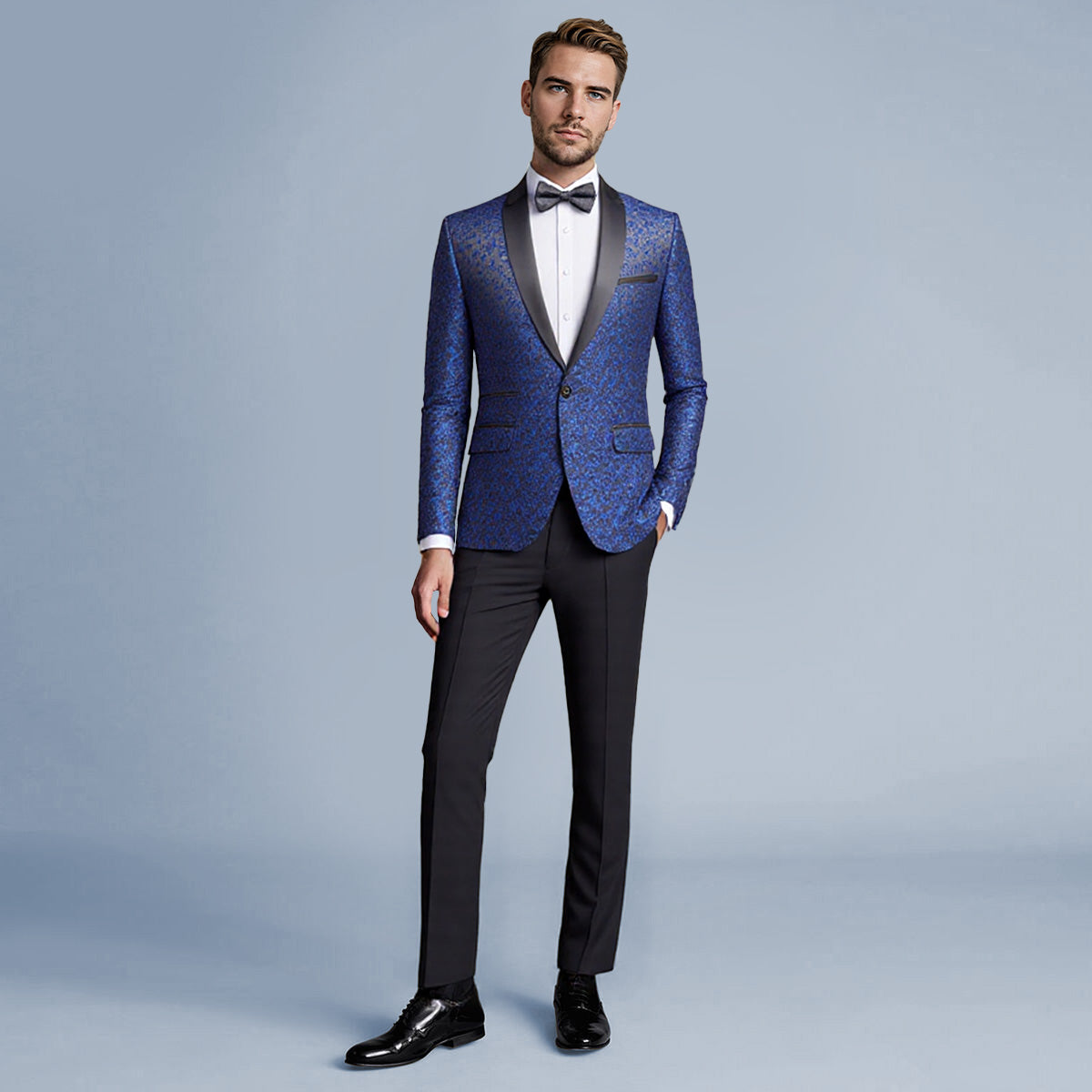 Blue # Men's slim fit 2-piece paisley print suit with satin peaked lapel and single-breasted button closure, blue patterned formal blazer jacket with center vent and fully lined interior, matching flat-front trousers for wedding, prom, party and special occasions, isolated on white background.