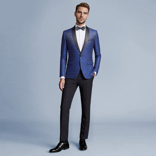 Blue # Men's slim fit 2-piece paisley print suit with satin peaked lapel and single-breasted button closure, blue patterned formal blazer jacket with center vent and fully lined interior, matching flat-front trousers for wedding, prom, party and special occasions, isolated on white background.