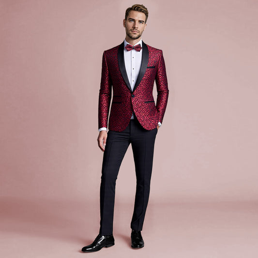 Maroon # Men's slim fit 2-piece paisley print suit with satin peaked lapel and single-breasted button closure, maroon patterned formal blazer jacket with center back vent and fully lined interior, matching flat-front trousers for wedding, prom, party and formal occasions, isolated on white background.