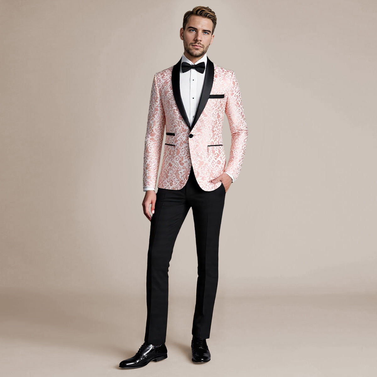 Pink # Men's slim fit 2-piece paisley print suit with satin peaked lapel and single-breasted closure, pink patterned formal blazer jacket with center back vent and fully lined interior, matching flat-front trousers for wedding, prom, party and special occasions, isolated on white background.