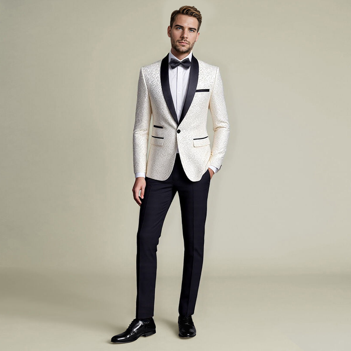 White # Men's slim fit 2-piece paisley print suit with satin peaked lapel and single-breasted button closure, white patterned formal blazer jacket with center back vent and fully lined interior, matching flat-front trousers for wedding, prom, party and special occasions, isolated on white background.