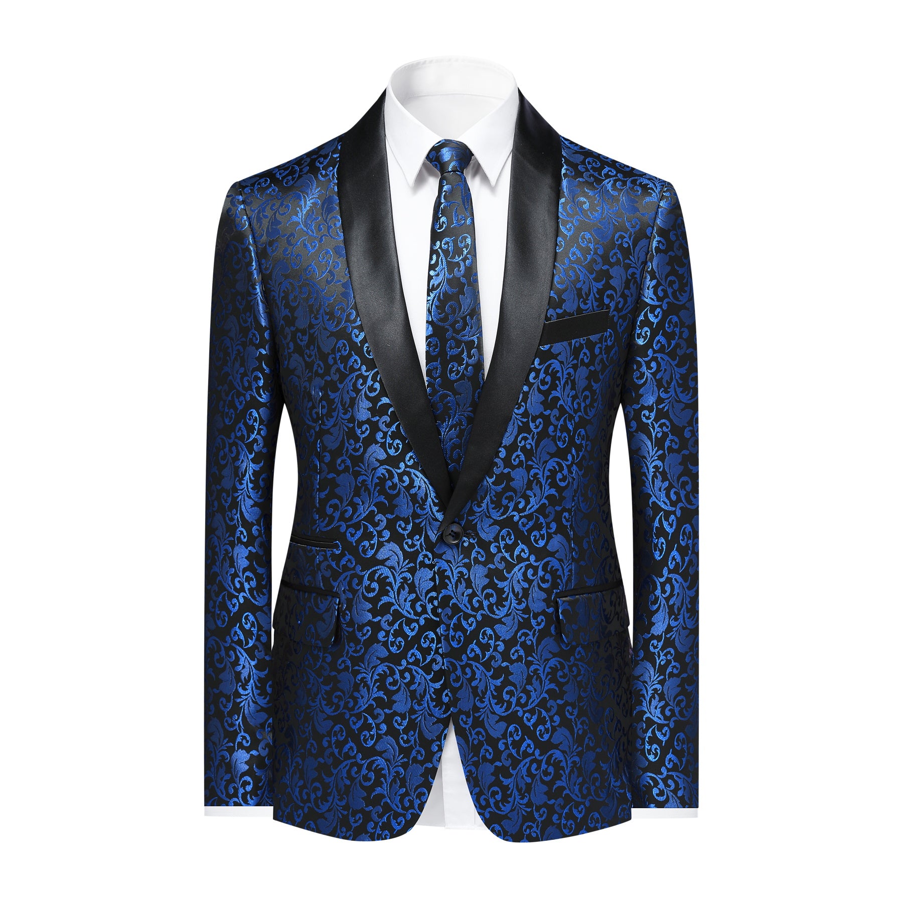 Blue # Men's floral jacquard dress suit jacket with black shawl collar and single-breasted closure, blue printed tux blazer with center vent, exquisite floral pattern, 3D tailored fit and full shoulder design, versatile formal coat with 2 side flap pockets and 2 inner pockets for party, prom, wedding, banquet and celebration, isolated on white background.