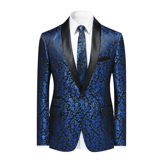 Blue # Men's floral jacquard dress suit jacket with black shawl collar and single-breasted closure, blue printed tux blazer with center vent, exquisite floral pattern, 3D tailored fit and full shoulder design, versatile formal coat with 2 side flap pockets and 2 inner pockets for party, prom, wedding, banquet and celebration, isolated on white background.