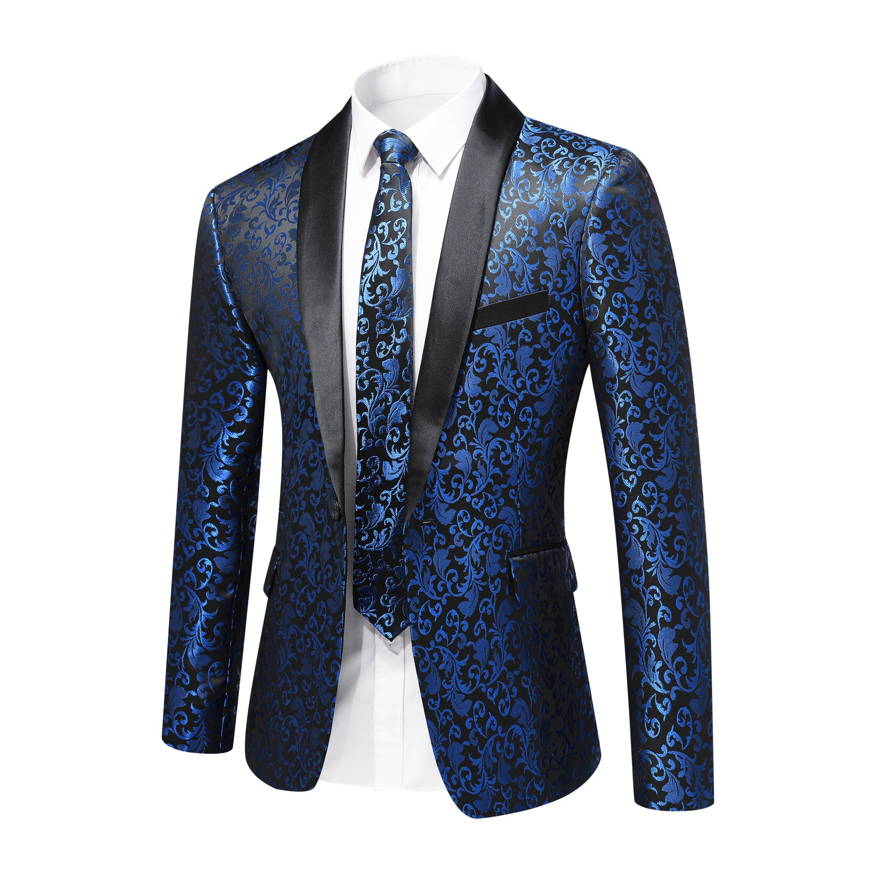 Blue # Men's floral jacquard dress suit jacket with black shawl collar and single-breasted closure, blue printed tux blazer with center vent, exquisite floral pattern, 3D tailored fit and full shoulder design, versatile formal coat with 2 side flap pockets and 2 inner pockets for party, prom, wedding, banquet and celebration, isolated on white background.