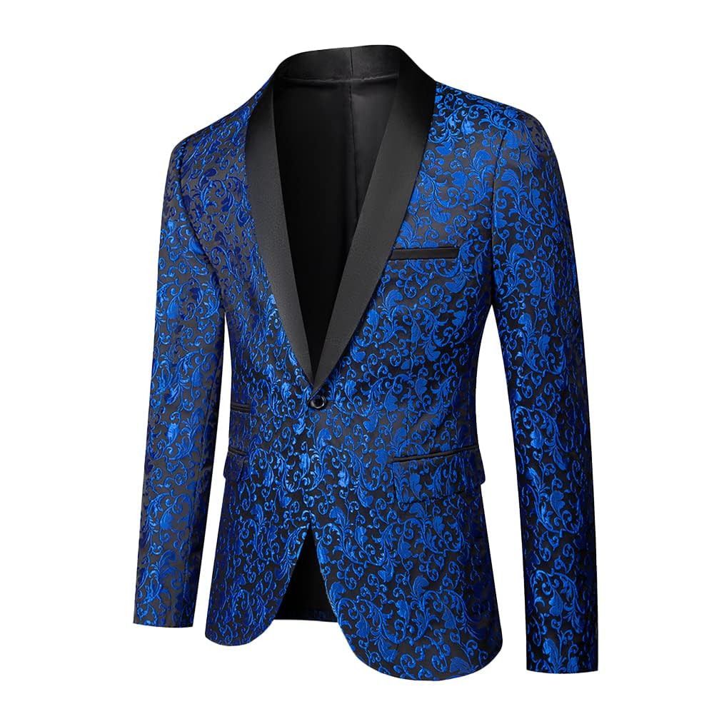 Blue # Men's floral jacquard dress suit jacket with black shawl collar and single-breasted closure, blue printed tux blazer with center vent, exquisite floral pattern, 3D tailored fit and full shoulder design, versatile formal coat with 2 side flap pockets and 2 inner pockets for party, prom, wedding, banquet and celebration, isolated on white background.