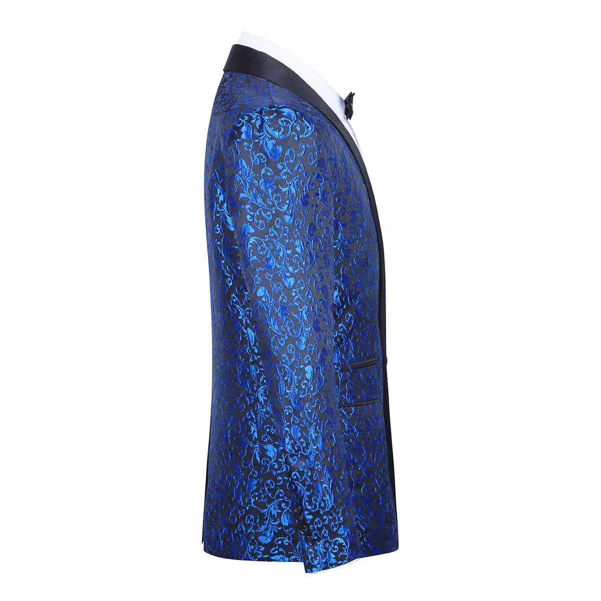Blue # Men's floral jacquard dress suit jacket with black shawl collar and single-breasted closure, blue printed tux blazer with center vent, exquisite floral pattern, 3D tailored fit and full shoulder design, versatile formal coat with 2 side flap pockets and 2 inner pockets for party, prom, wedding, banquet and celebration, isolated on white background.