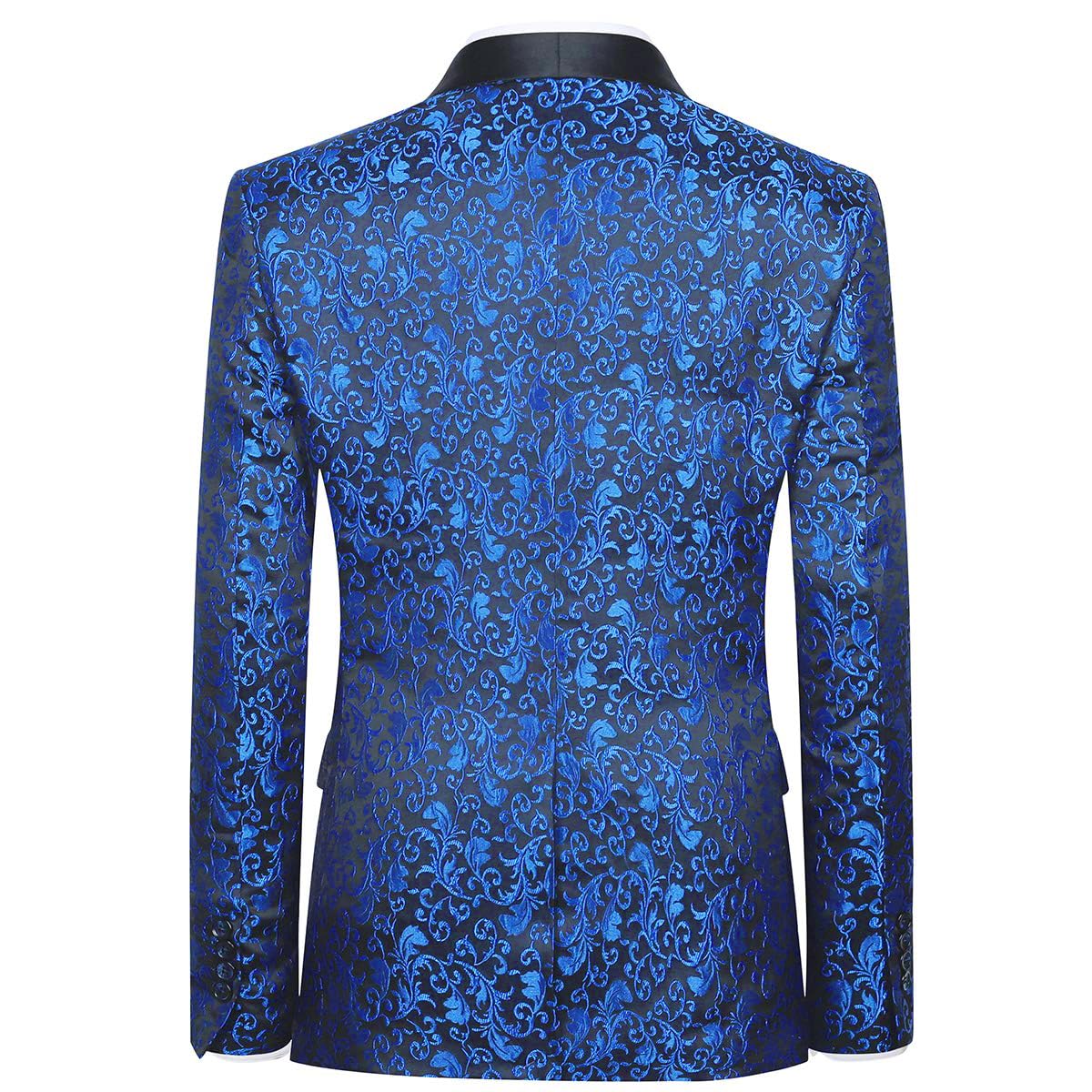 Blue # Men's floral jacquard dress suit jacket with black shawl collar and single-breasted closure, blue printed tux blazer with center vent, exquisite floral pattern, 3D tailored fit and full shoulder design, versatile formal coat with 2 side flap pockets and 2 inner pockets for party, prom, wedding, banquet and celebration, isolated on white background.