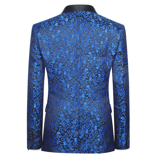 Blue # Men's floral jacquard dress suit jacket with black shawl collar and single-breasted closure, blue printed tux blazer with center vent, exquisite floral pattern, 3D tailored fit and full shoulder design, versatile formal coat with 2 side flap pockets and 2 inner pockets for party, prom, wedding, banquet and celebration, isolated on white background.