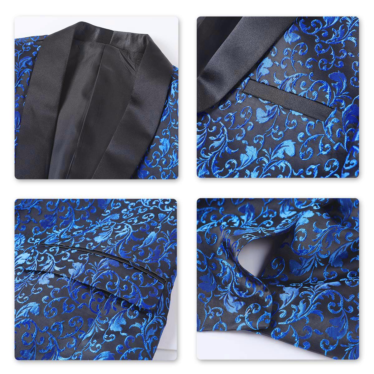 Blue # Men's floral jacquard dress suit jacket with black shawl collar and single-breasted closure, blue printed tux blazer with center vent, exquisite floral pattern, 3D tailored fit and full shoulder design, versatile formal coat with 2 side flap pockets and 2 inner pockets for party, prom, wedding, banquet and celebration, isolated on white background.