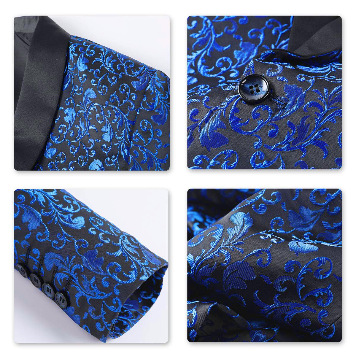 Blue # Men's floral jacquard dress suit jacket with black shawl collar and single-breasted closure, blue printed tux blazer with center vent, exquisite floral pattern, 3D tailored fit and full shoulder design, versatile formal coat with 2 side flap pockets and 2 inner pockets for party, prom, wedding, banquet and celebration, isolated on white background.