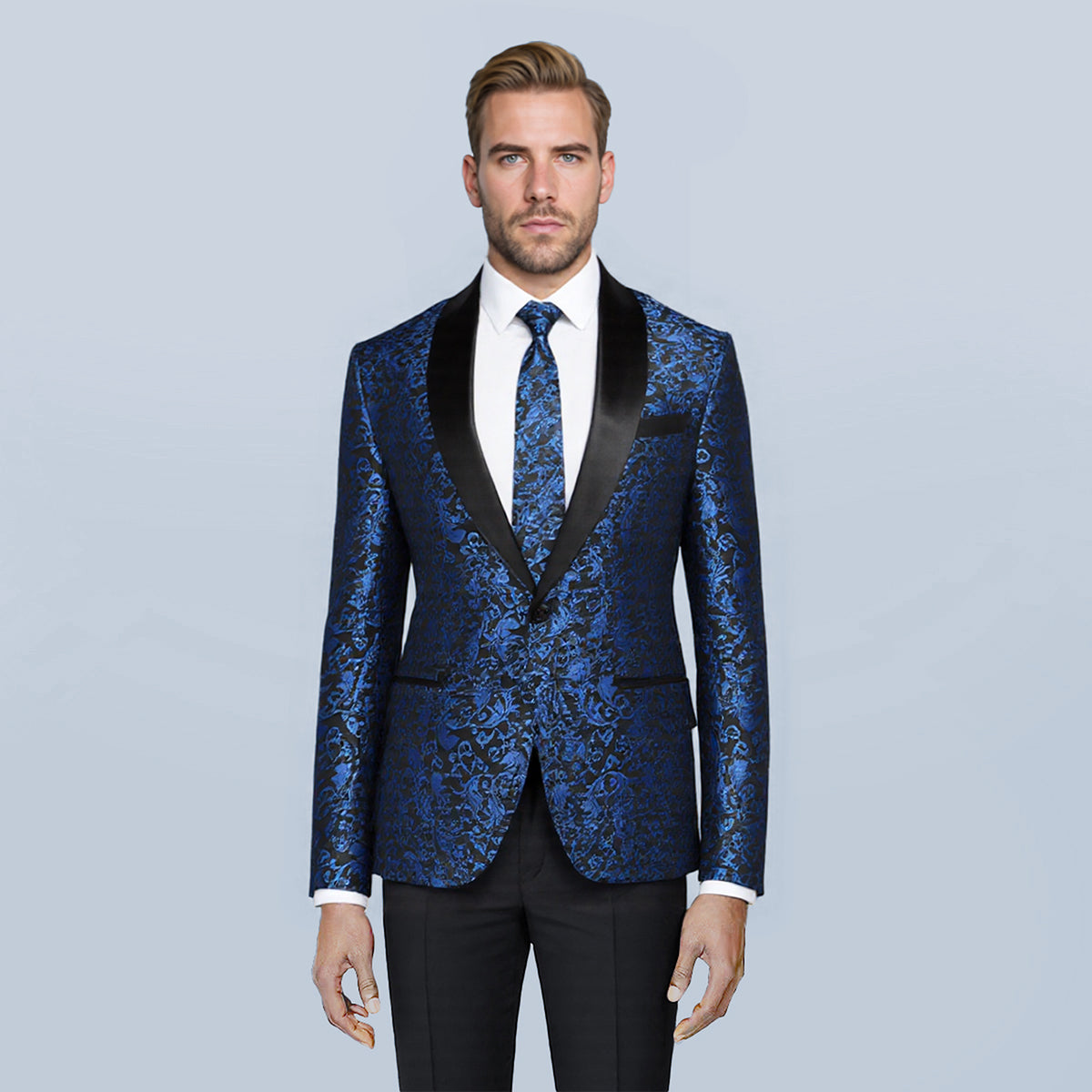 Blue # Men's floral jacquard dress suit jacket with black shawl collar and single-breasted closure, blue printed tux blazer with center vent, exquisite floral pattern, 3D tailored fit and full shoulder design, versatile formal coat with 2 side flap pockets and 2 inner pockets for party, prom, wedding, banquet and celebration, isolated on white background.