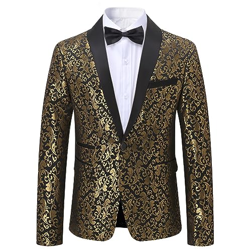 Golden # Men's floral jacquard dress suit blazer with black shawl collar and center vent, 3D tailored fit gold blazer jacket with exquisite floral print, one chest pocket and two side flap pockets, perfect for party, prom, wedding, banquet and celebration events, isolated on white background.