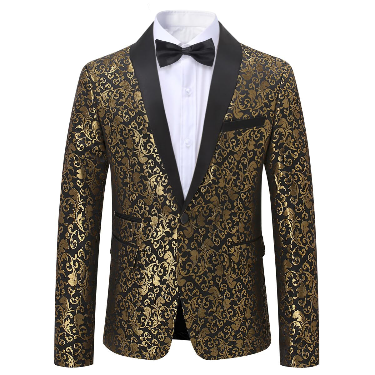 Golden # Men's floral jacquard dress suit blazer with black shawl collar and center vent, 3D tailored fit gold blazer jacket with exquisite floral print, one chest pocket and two side flap pockets, perfect for party, prom, wedding, banquet and celebration events, isolated on white background.
