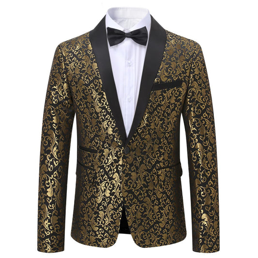 Golden # Men's floral jacquard dress suit blazer with black shawl collar and center vent, 3D tailored fit gold blazer jacket with exquisite floral print, one chest pocket and two side flap pockets, perfect for party, prom, wedding, banquet and celebration events, isolated on white background.