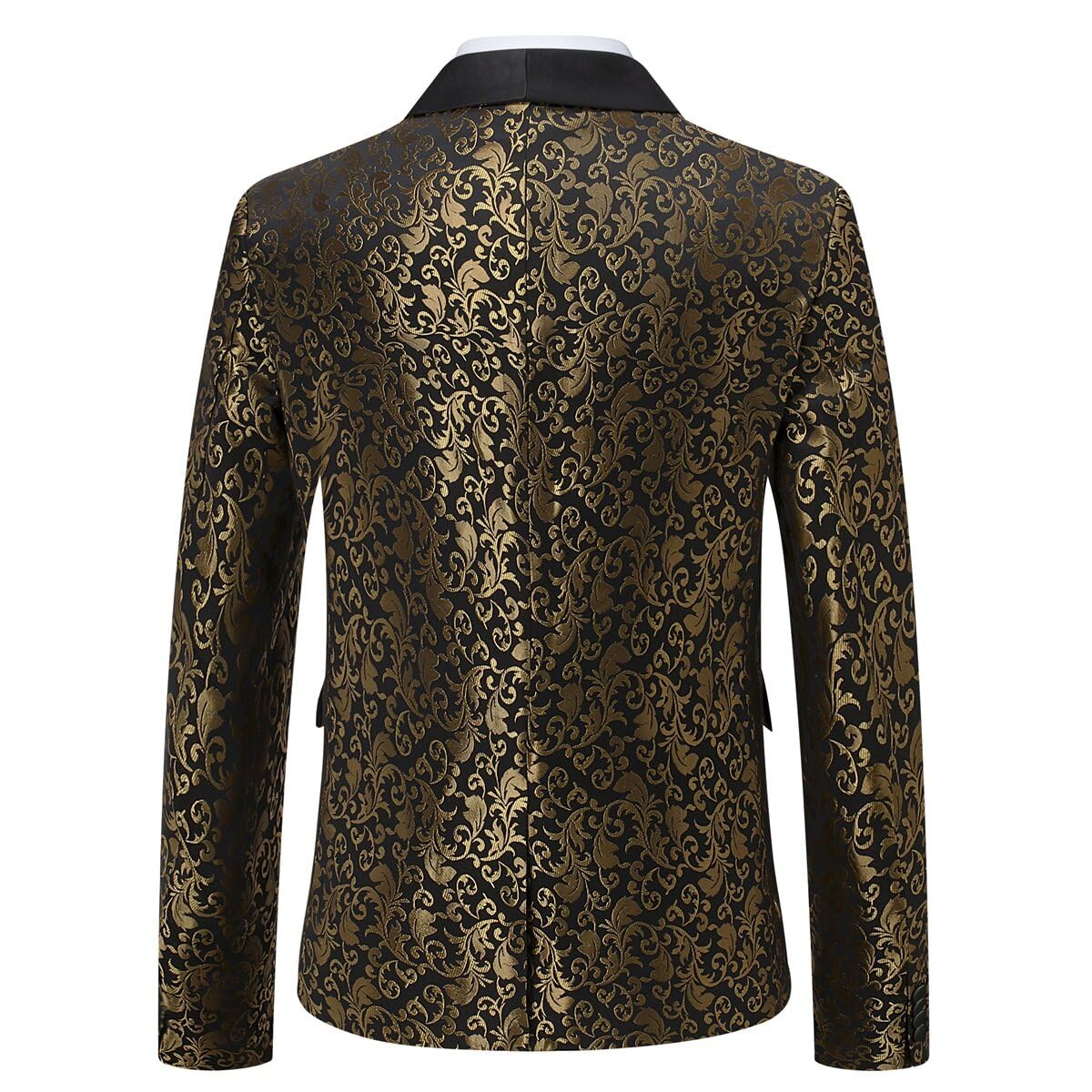 Golden # Men's floral jacquard dress suit blazer with black shawl collar and center vent, 3D tailored fit gold blazer jacket with exquisite floral print, one chest pocket and two side flap pockets, perfect for party, prom, wedding, banquet and celebration events, isolated on white background.