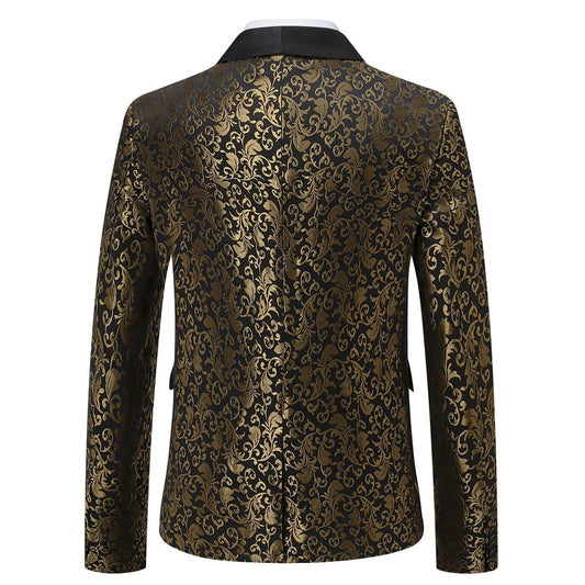 Golden # Men's floral jacquard dress suit blazer with black shawl collar and center vent, 3D tailored fit gold blazer jacket with exquisite floral print, one chest pocket and two side flap pockets, perfect for party, prom, wedding, banquet and celebration events, isolated on white background.