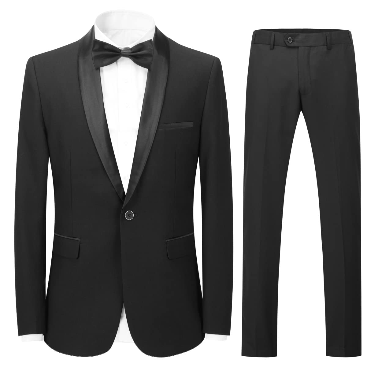 Black # Men's slim fit 2-piece casual suit with one-button shawl lapel and single-breasted closure, solid black blazer jacket with four-button cuffs and matching flat-front trousers, lightweight polyester formal wear for party, prom, wedding, dinner and daily occasions, isolated on white background.