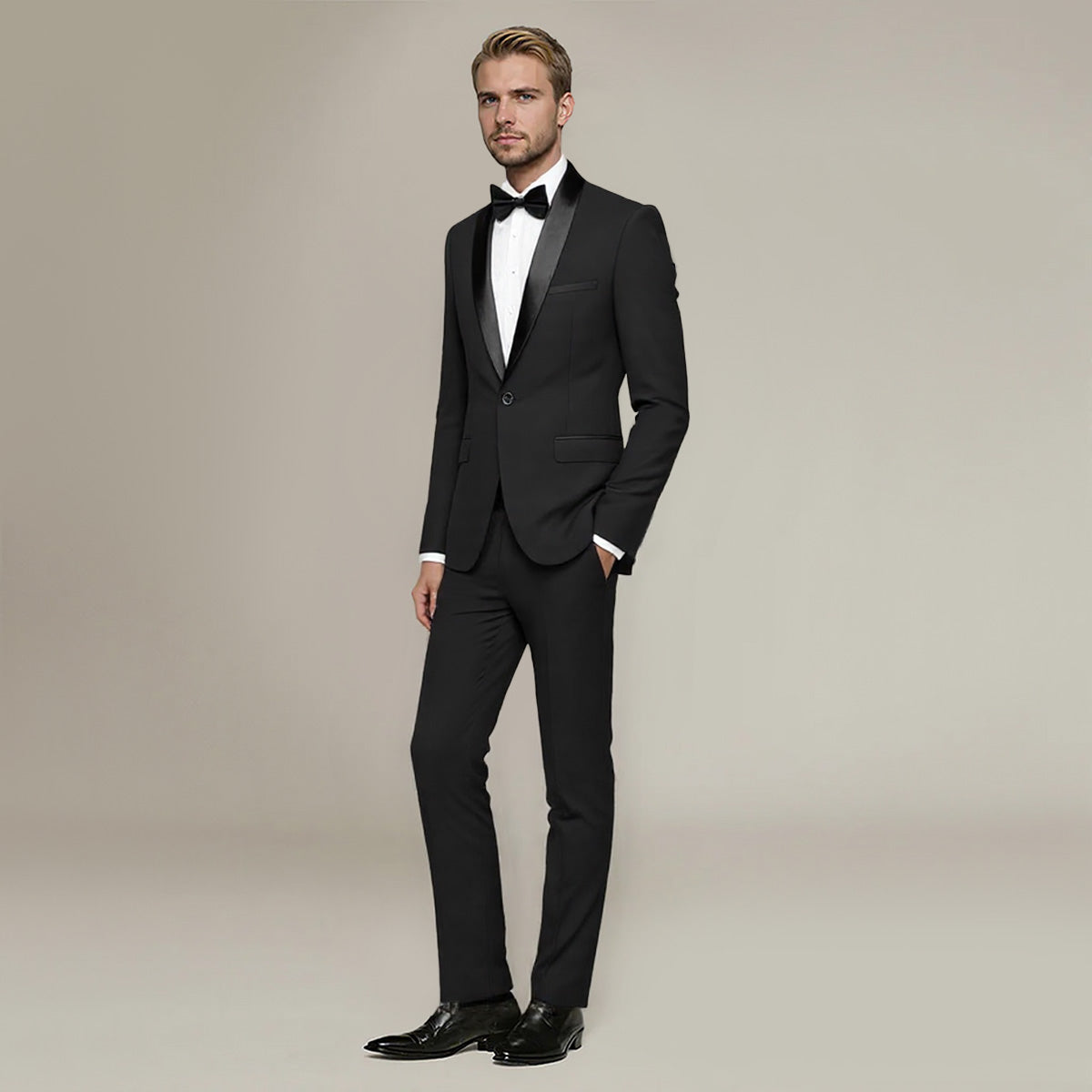 Black # Men's slim fit 2-piece casual suit with one-button shawl lapel and single-breasted closure, solid black blazer jacket with four-button cuffs and matching flat-front trousers, lightweight polyester formal wear for party, prom, wedding, dinner and daily occasions, isolated on white background.