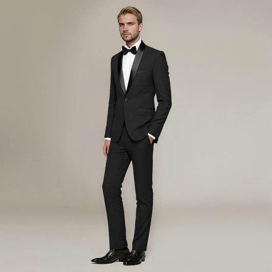 Black # Men's slim fit 2-piece casual suit with one-button shawl lapel and single-breasted closure, solid black blazer jacket with four-button cuffs and matching flat-front trousers, lightweight polyester formal wear for party, prom, wedding, dinner and daily occasions, isolated on white background.