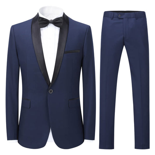 Blue # Men's slim fit 2-piece casual suit with one-button shawl lapel and single-breasted closure, solid blue blazer jacket with four-button cuffs and matching flat-front trousers, lightweight polyester formal wear for party, prom, wedding, dinner and daily occasions, isolated on white background.