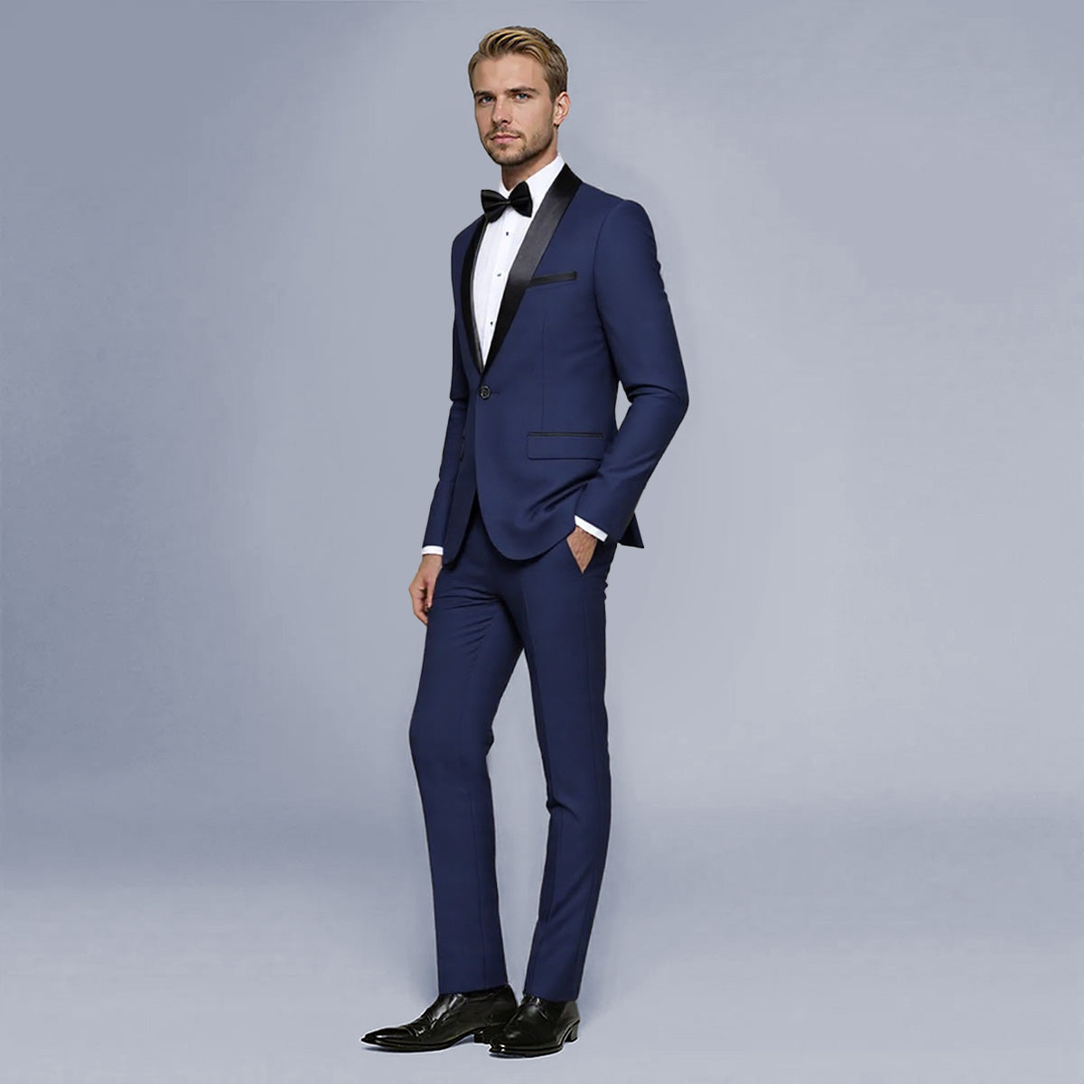 Blue # Men's slim fit 2-piece casual suit with one-button shawl lapel and single-breasted closure, solid blue blazer jacket with four-button cuffs and matching flat-front trousers, lightweight polyester formal wear for party, prom, wedding, dinner and daily occasions, isolated on white background.