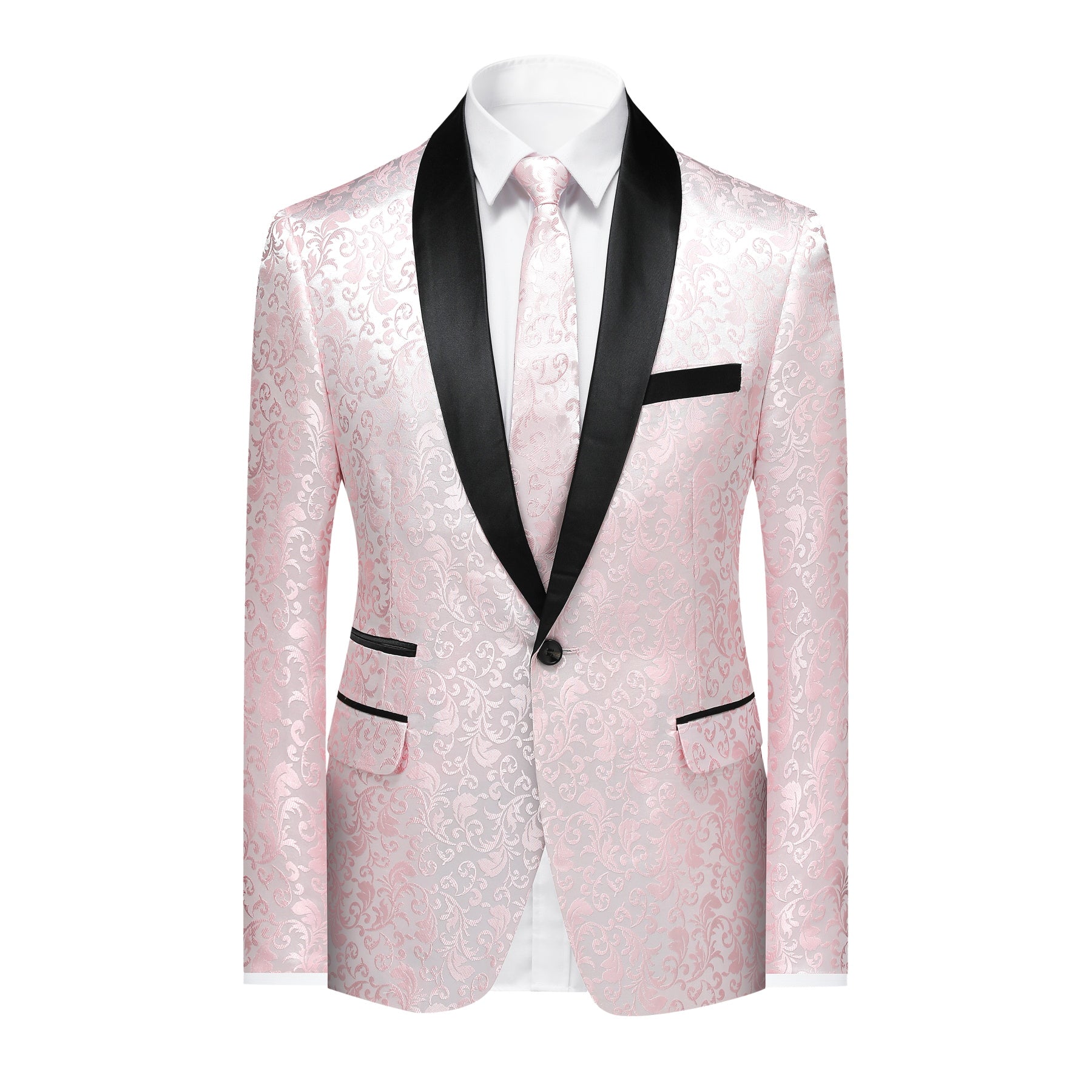 Pink # Men's floral jacquard dress suit jacket with black shawl collar and center vent, 3D tailored fit printed tux blazer with exquisite floral pattern, one chest pocket and two side flap pockets, soft polyester formal coat for party, prom, wedding, banquet and special occasions, isolated on white background.