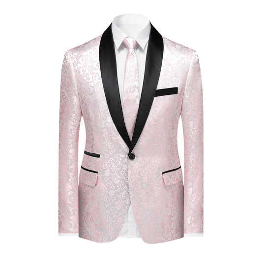 Pink # Men's floral jacquard dress suit jacket with black shawl collar and center vent, 3D tailored fit printed tux blazer with exquisite floral pattern, one chest pocket and two side flap pockets, soft polyester formal coat for party, prom, wedding, banquet and special occasions, isolated on white background.