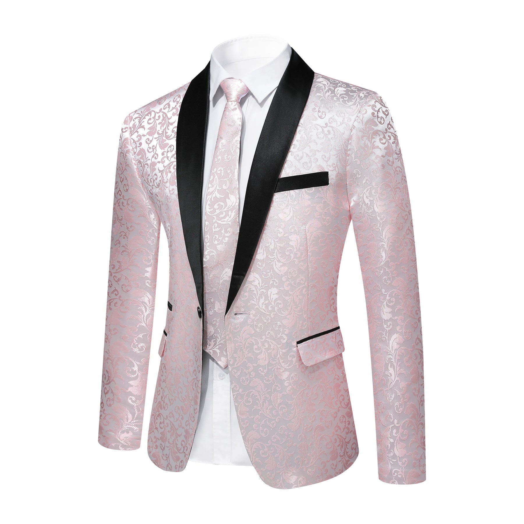 Pink # Men's floral jacquard dress suit jacket with black shawl collar and center vent, 3D tailored fit printed tux blazer with exquisite floral pattern, one chest pocket and two side flap pockets, soft polyester formal coat for party, prom, wedding, banquet and special occasions, isolated on white background.