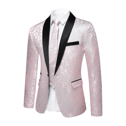 Pink # Men's floral jacquard dress suit jacket with black shawl collar and center vent, 3D tailored fit printed tux blazer with exquisite floral pattern, one chest pocket and two side flap pockets, soft polyester formal coat for party, prom, wedding, banquet and special occasions, isolated on white background.